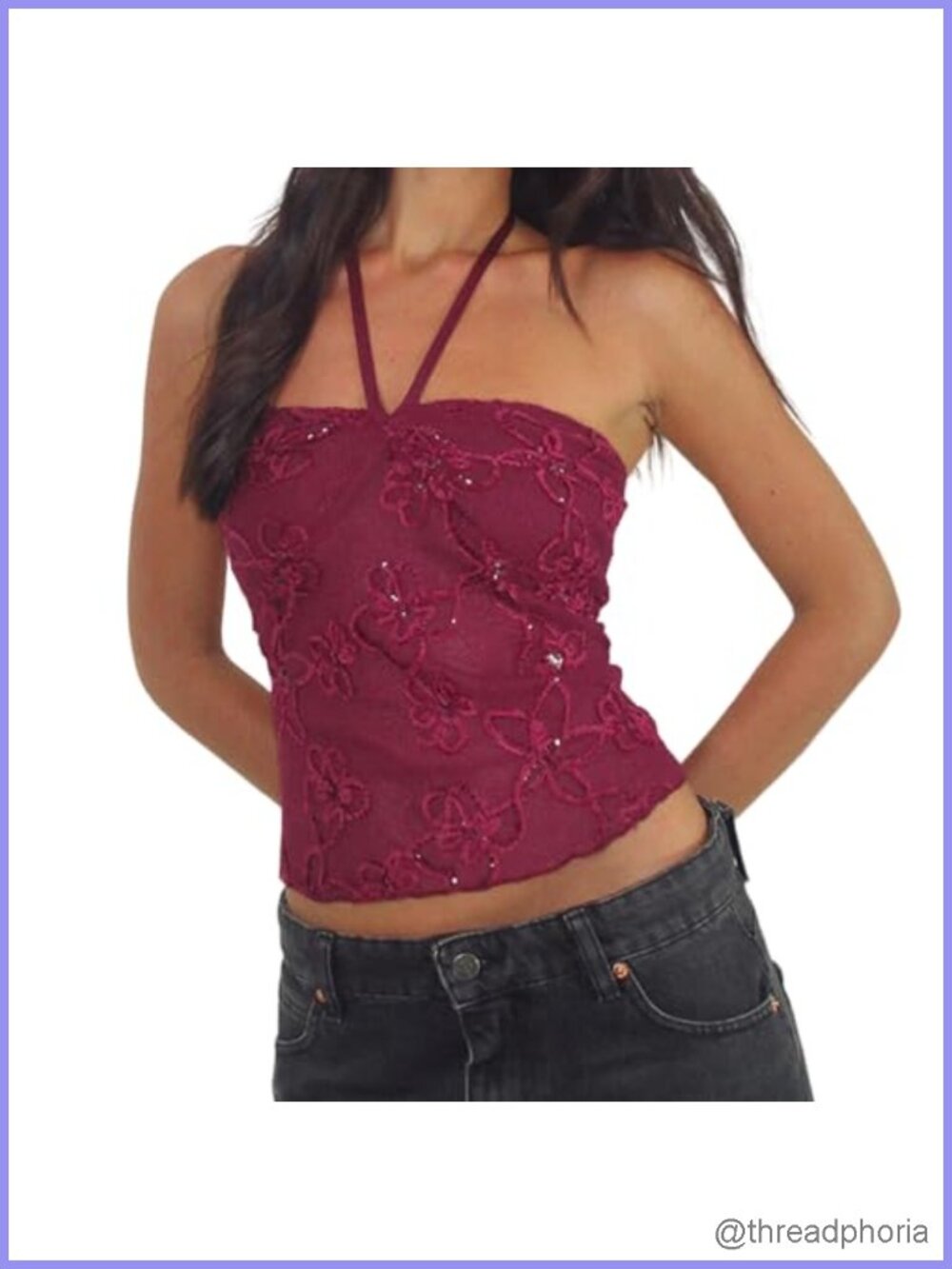 Sequin Floral Print Halter Crop Tank Top Tie Back Slim Fit